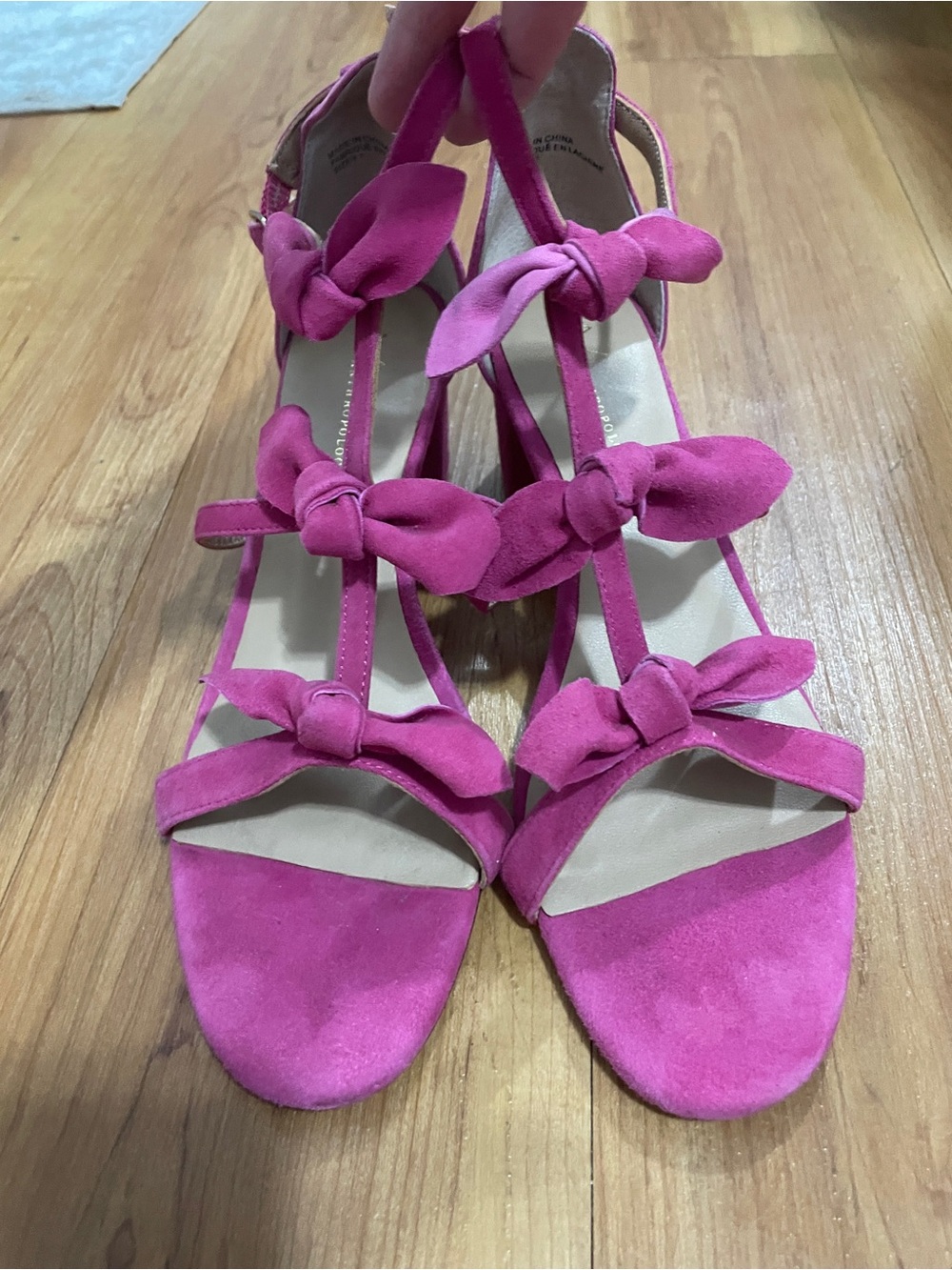 Anthropologie Hot Pink Bow T-Strap 2-inch Heels